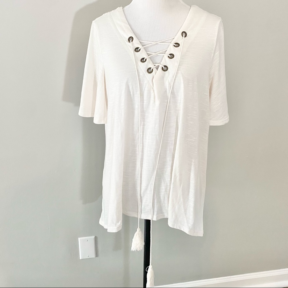Xhilaration Cream Lace Up Crochet Top